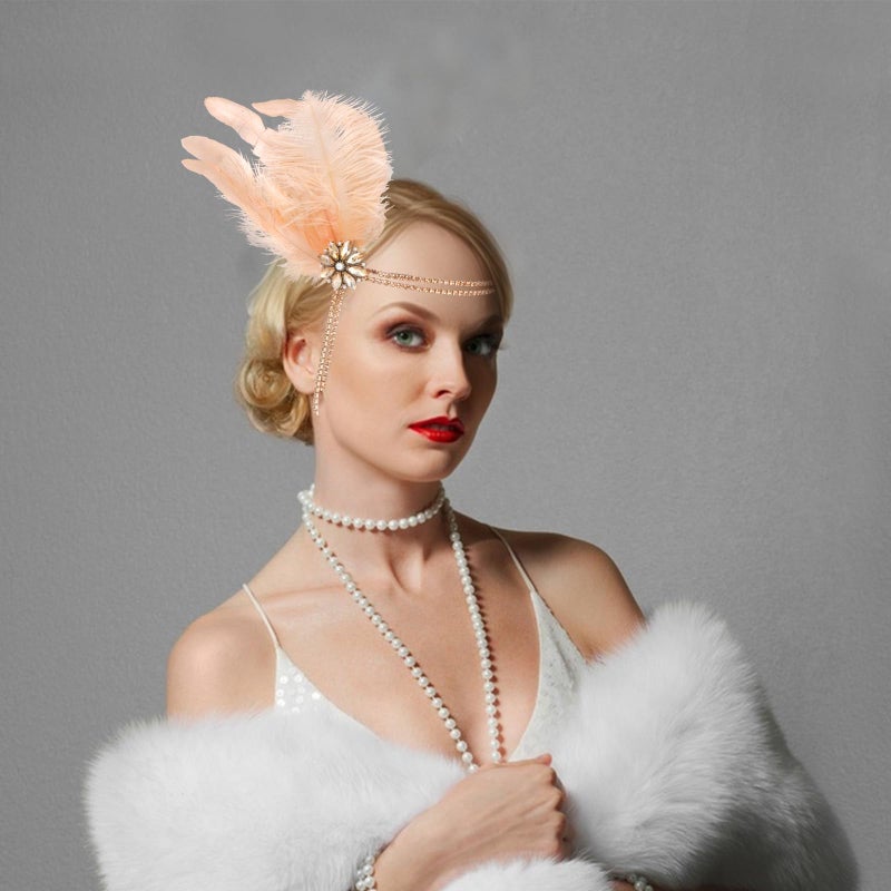 CURASA 1920s Flapper Headpiece Headband Great Gatsby Feather Hairband For Women Rhinestone Hair Accessoreis Showgirl Dresses Vintage Tassel Costume Outfits Roaring 20's Champagne Elastic Head Chain - Image 3